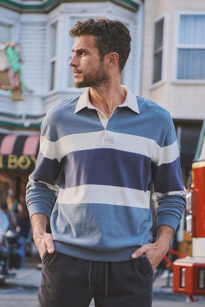 Wholesale,Marine Layer, Marine Layer Blue with Cream Colorblock Suede Rugby Polo, Blue, Small-42-TagS
