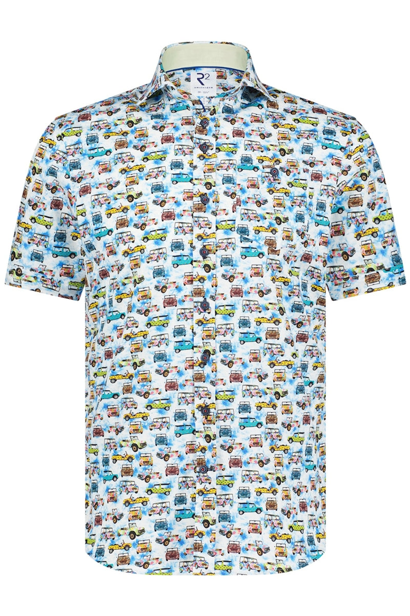 Direct From Brand,R2 Amsterdam, R2 Amsterdam Blue Multi Truck Print Short Sleeve Button Up Shirt, Blue, Medium-43-Tag40