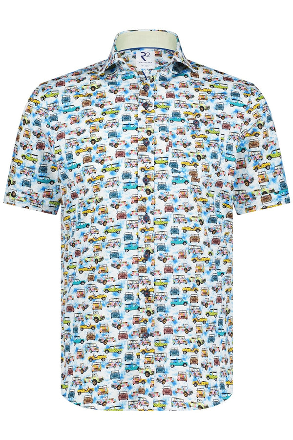 R2 Amsterdam Blue Multi Truck Print Short Sleeve Button Up Shirt