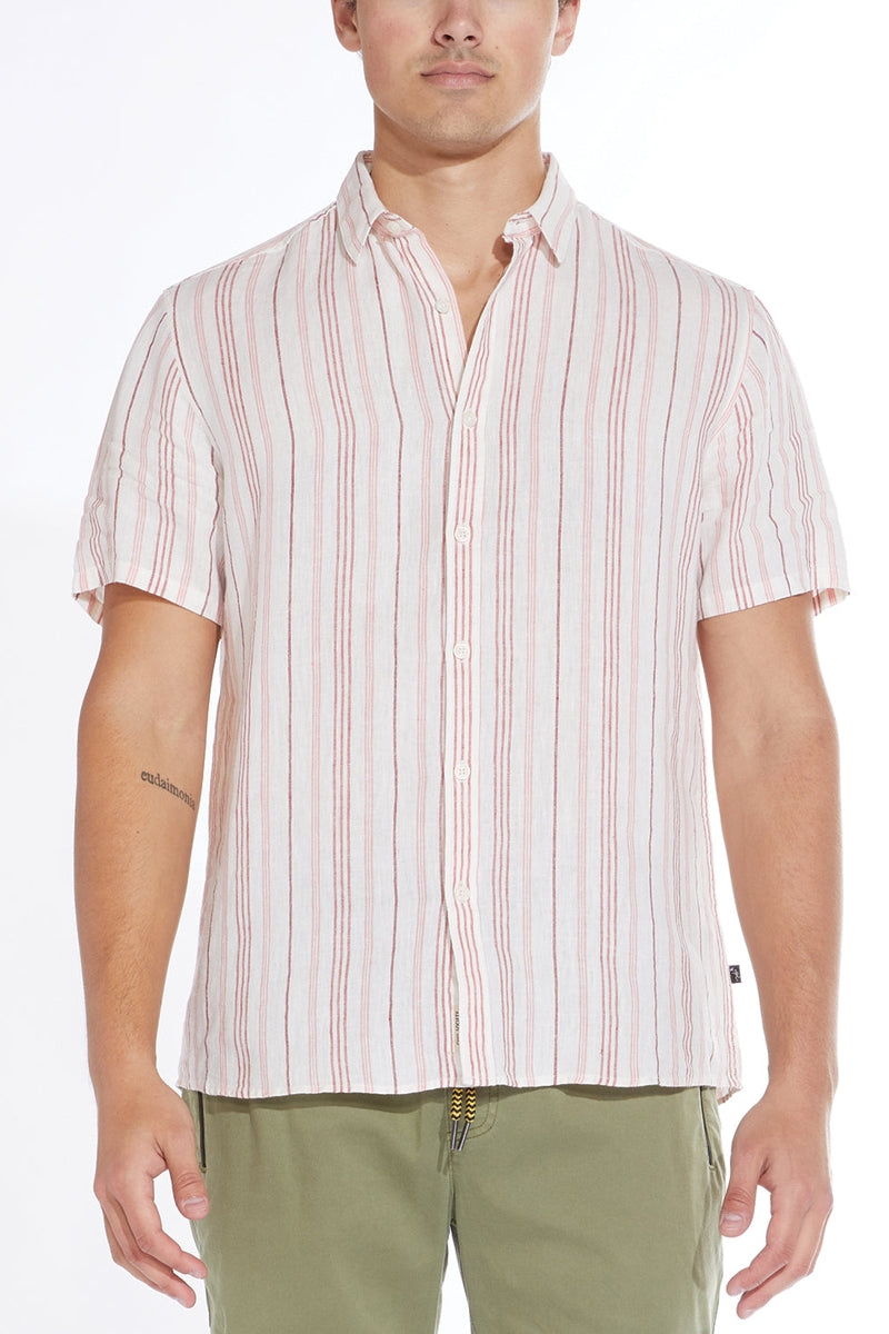 Wholesale,Civil Society, Civil Society White/Rust Linen Striped Short Sleeve Shirt, White, Small-42-TagS