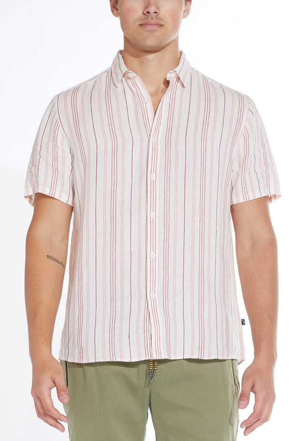 Civil Society White/Rust Linen Striped Short Sleeve Shirt