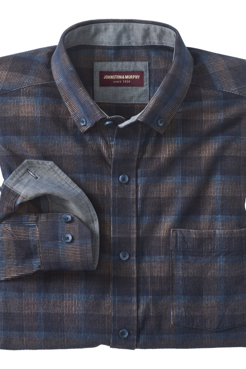 Wholesale,Johnston & Murphy, Johnston & Murphy Navy/Brown Plaid Corduroy Shirt, Blue, Small-42-TagSMedium-45-TagMLarge-48-TagLExtra Large-51-TagXLExtra Extra Large-54-TagXXL