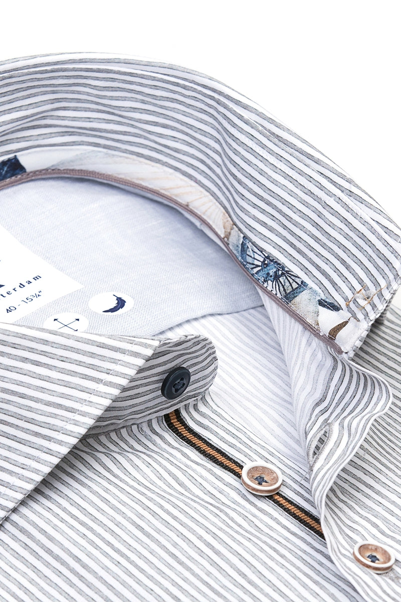 Direct From Brand,R2 Amsterdam, R2 Amsterdam Grey/White Stripped Stretch Short Sleeve Button Up Shirt, Grey, Medium-42-Tag40Large-44-Tag41