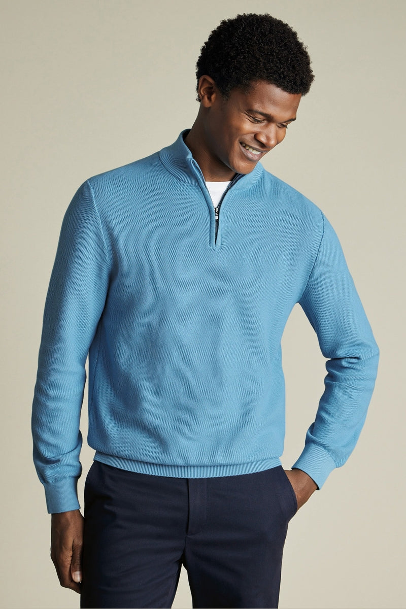 Wholesale,Charles Tyrwhitt, Charles Tyrwhitt Ocean Blue Honeycomb Textured Qtr Zip, Blue, Large-45-TagLExtra Large-48-TagXLExtra Extra Large-51-TagXXL