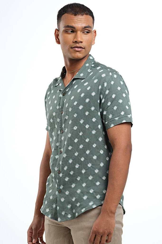 Faire,Pali, Pali Green Geo Cuban Collar Bandhani Shirt, Green, Extra Small-38-TagS