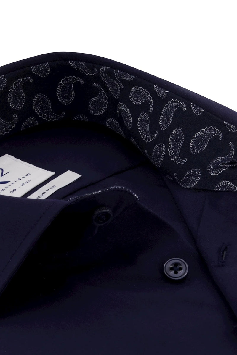 Direct From Brand,R2 Amsterdam, R2 Amsterdam Navy Blue Non-iron Satin Cotton Shirt, Blue, Medium-43-Tag40