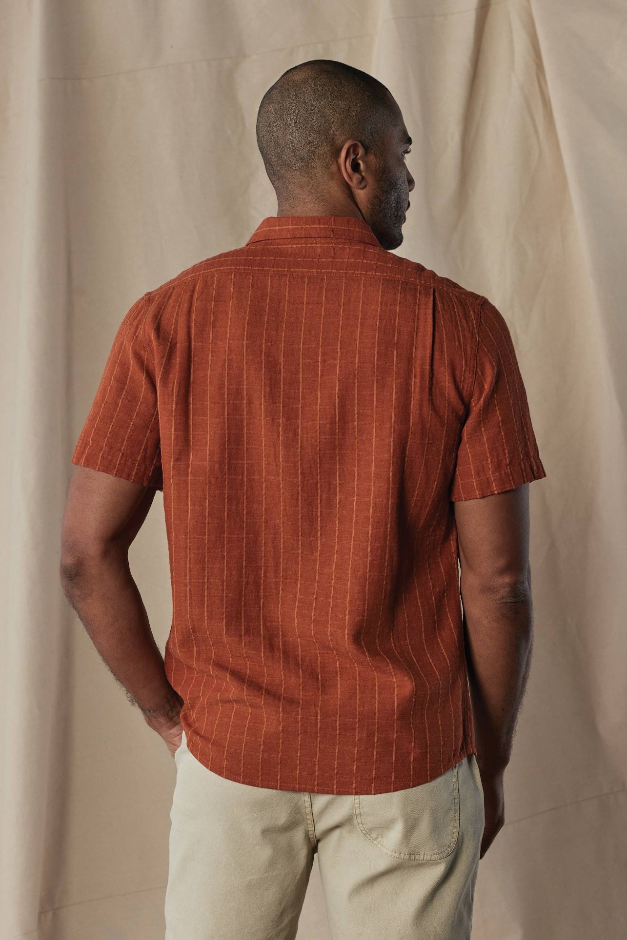 Wholesale,The Normal Brand, The Normal Brand Dark Ginger Stripe Freshwater Short Sleeve Button Up Shirt, Brown, Medium-44-TagMLarge-46-TagLExtra Large-49-TagXLExtra Extra Large-54-TagXXLSmall-41-TagS