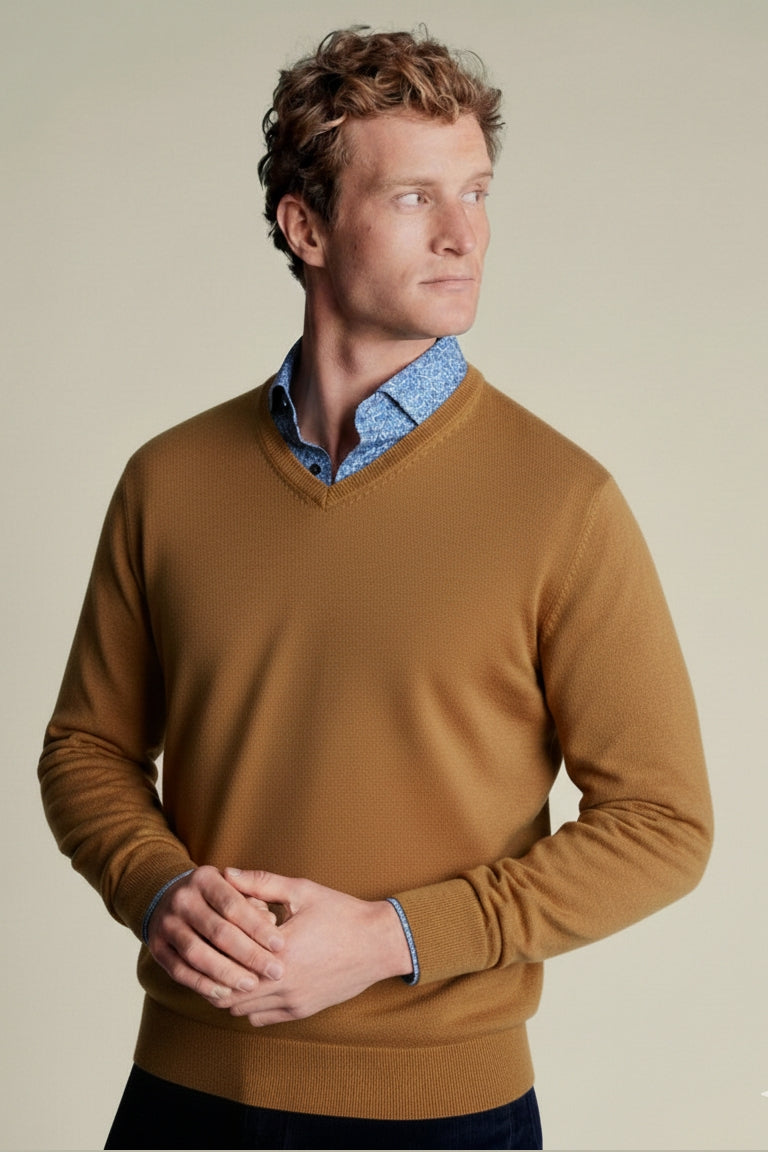 Wholesale,Charles Tyrwhitt, Charles Tyrwhitt Sand Merino Wool V-Neck Sweater, Tan, Small-39-TagS