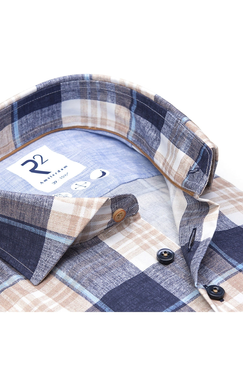 Direct From Brand,R2 Amsterdam, R2 Amsterdam Blue/Tan Plaid Dress Shirt, Blue, Large-45-Tag42