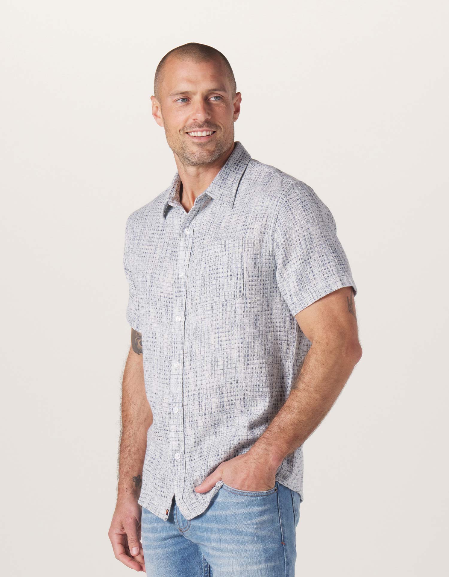 Wholesale,The Normal Brand, The Normal Brand Light Blue Woven Freshwater Short Sleeve Button Up Shirt, Blue, Small-39-TagS