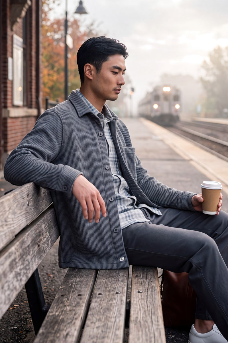 Wholesale,Fundamental Coast, Fundamental Coast Grey Waffle Textured Overshirt, Grey, Medium-43-TagMLarge-45-TagLSmall-41-TagSExtra Large-47-TagXL