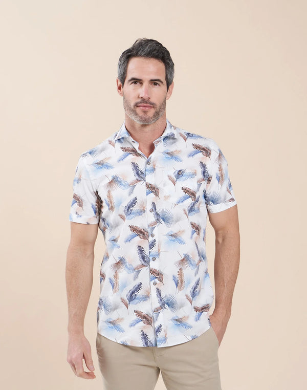 R2 Amsterdam White Feather Print Stretch Short Sleeve Shirt