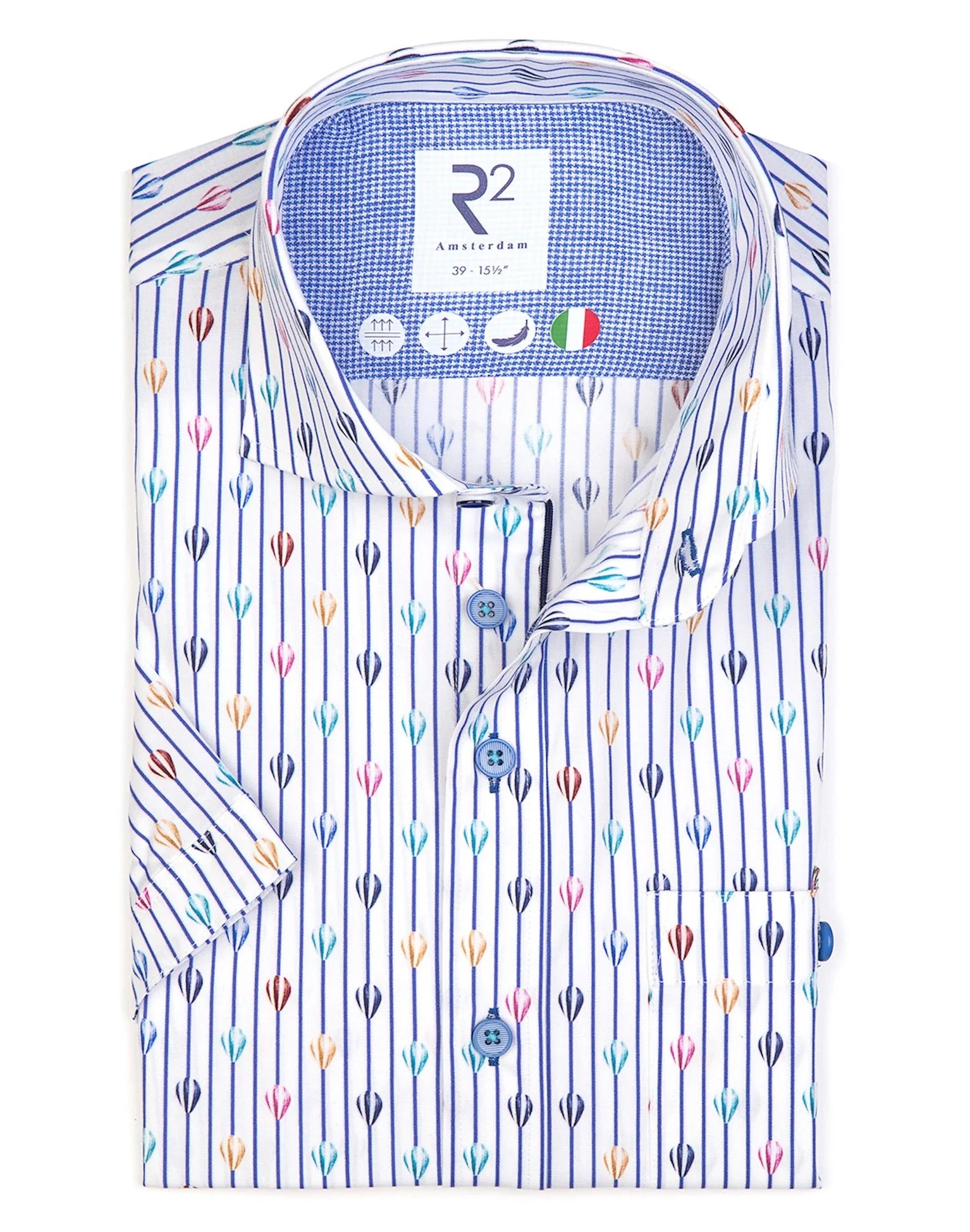 Brand Partner,R2 Amsterdam, R2 Amsterdam White/Blue Stripe Hot Air Balloon Print Stretch Short Sleeve Shirt, White, Medium-41-Tag39