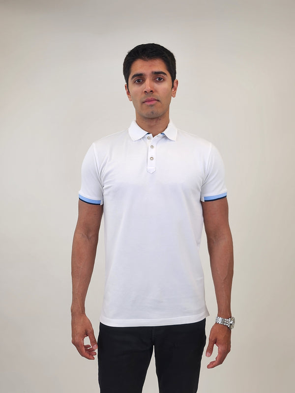 R2 Amsterdam White Polo with Light Blue Contrast on Sleeves