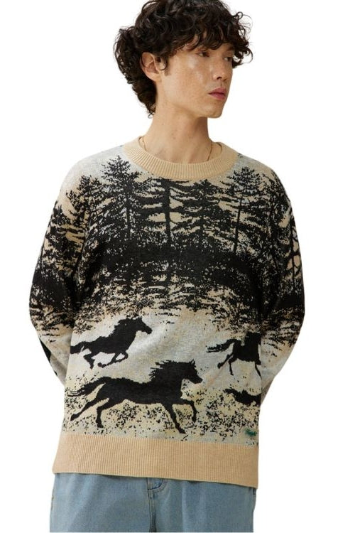 Wholesale,Kuwalla, Kuwalla Black/Tan Wild Stallion Printed Jacquard Knit Sweater, Black, Large-46-TagM