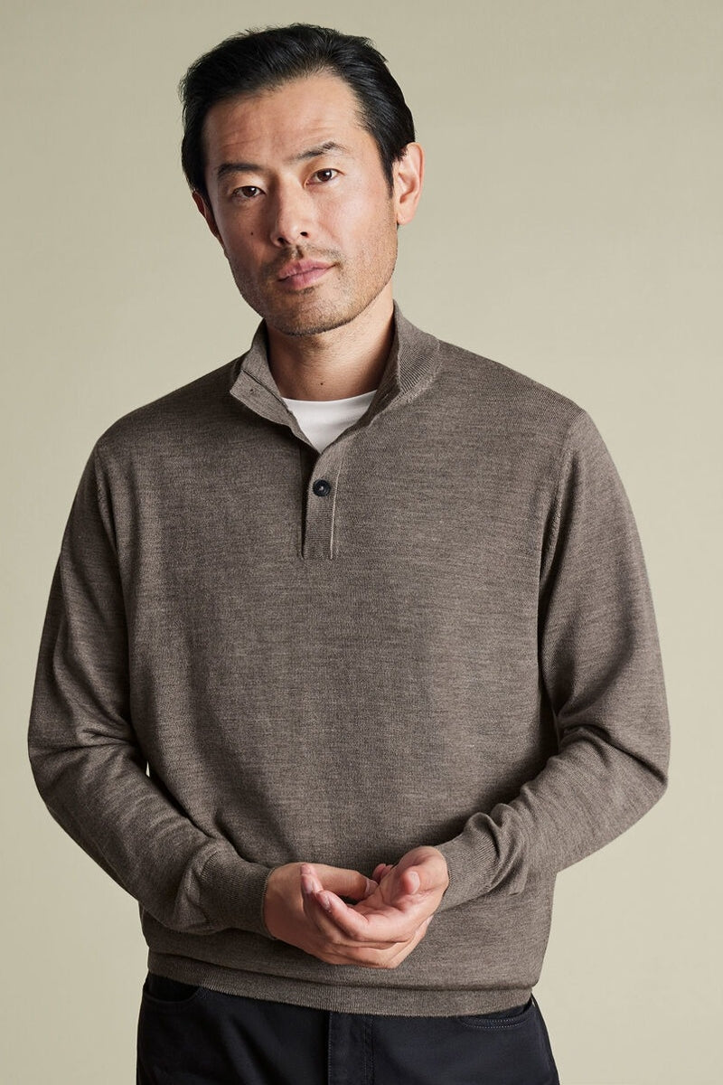 Wholesale,Charles Tyrwhitt, Charles Tyrwhitt Mocha Pure Merino Wool Button Neck Pullover, Brown, Medium-42-TagM