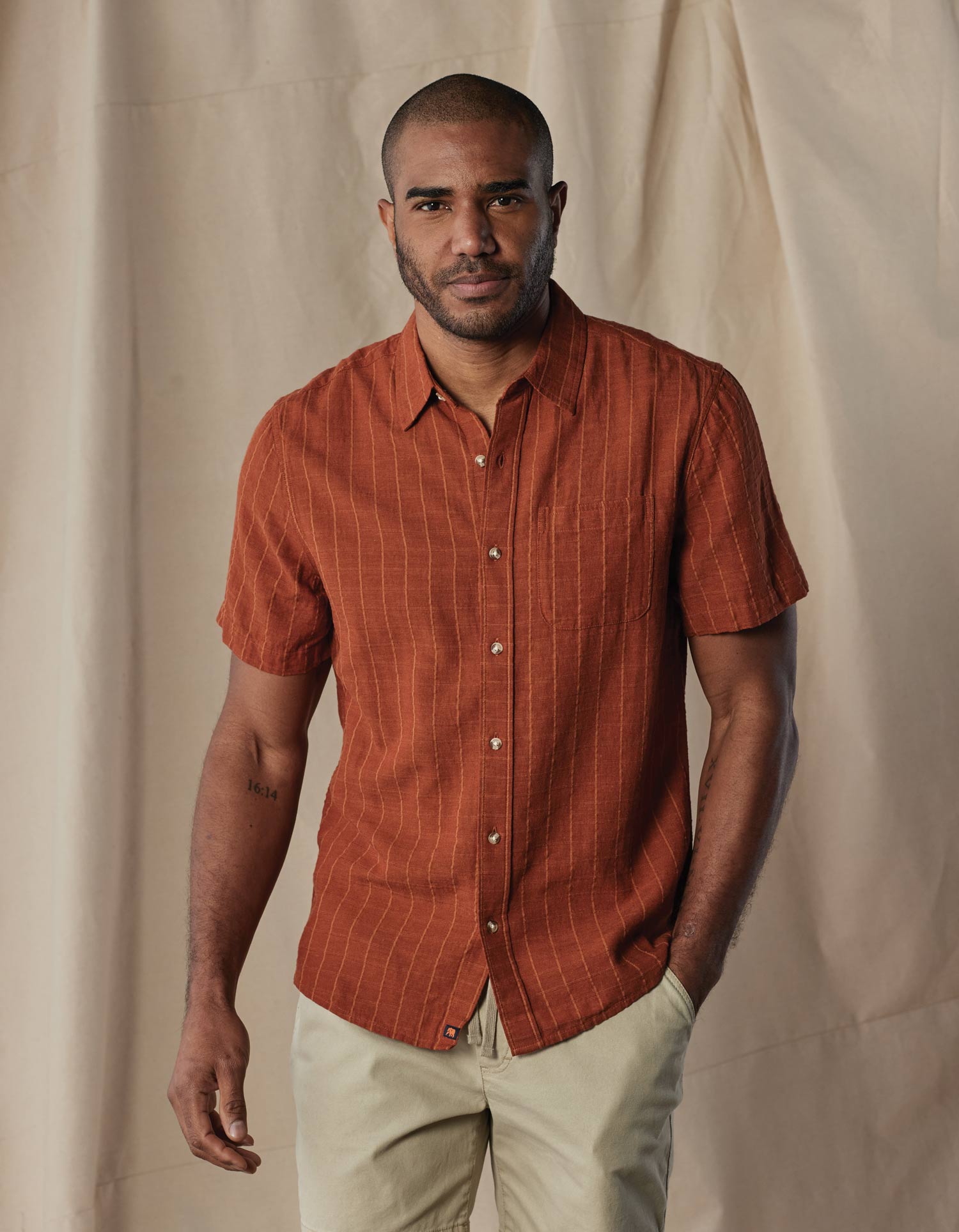 Wholesale,The Normal Brand, The Normal Brand Dark Ginger Stripe Freshwater Short Sleeve Button Up Shirt, Brown, Large-46-TagL