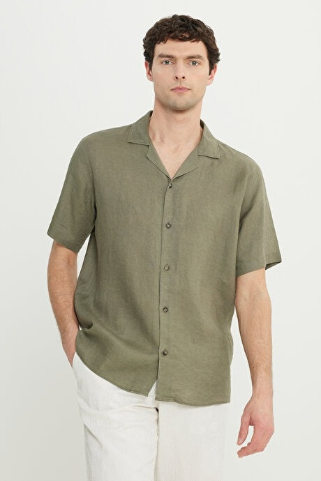 Wholesale,Altinyildiz Classics, Altinyildiz Classics Khaki Linen/Cotton Blend Shirt, Green, Medium-45-TagM