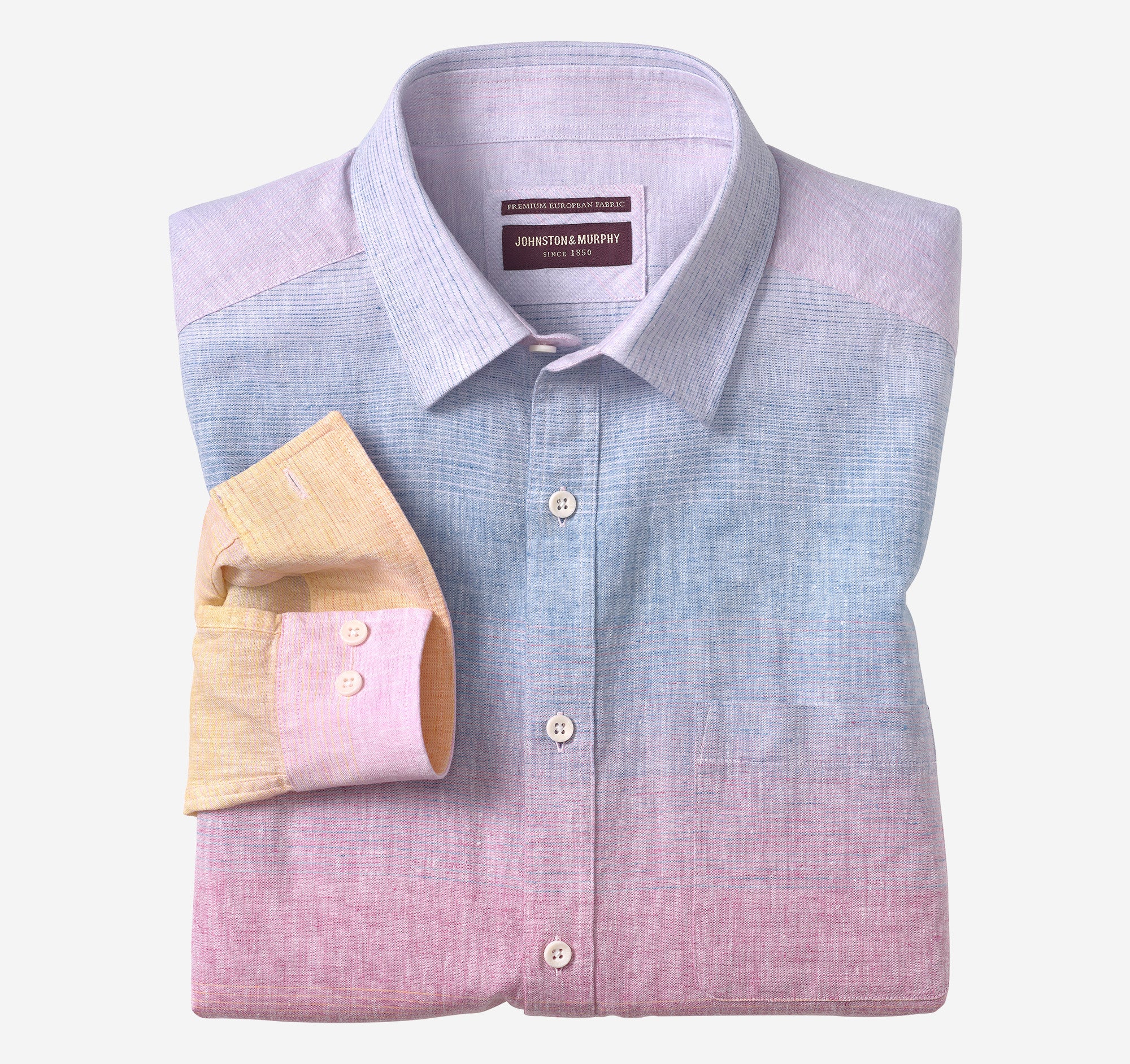 Wholesale,Johnston & Murphy, Johnston & Murphy Blue Multi Ombre Washed Linen/Cotton Blend Long Sleeve Shirt, Blue, Medium-44-TagM