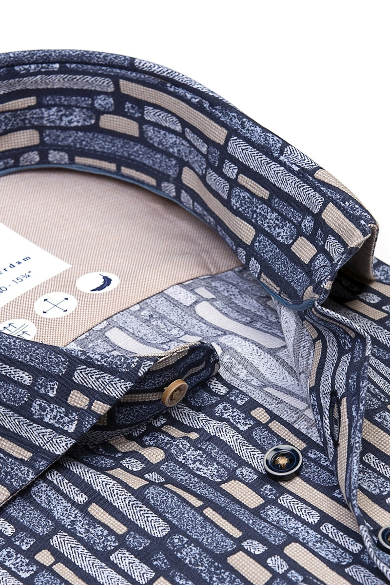 Direct From Brand,R2 Amsterdam, R2 Amsterdam Navy/Tan Sofa Print Cotton Shirt, Blue, Small-40-Tag38