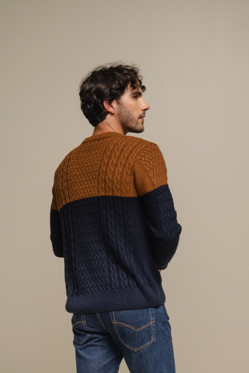 Faire,SMF, SMF Brown/Navy Colorblock Jacquard Knit Sweater, Brown, Medium-42-TagM