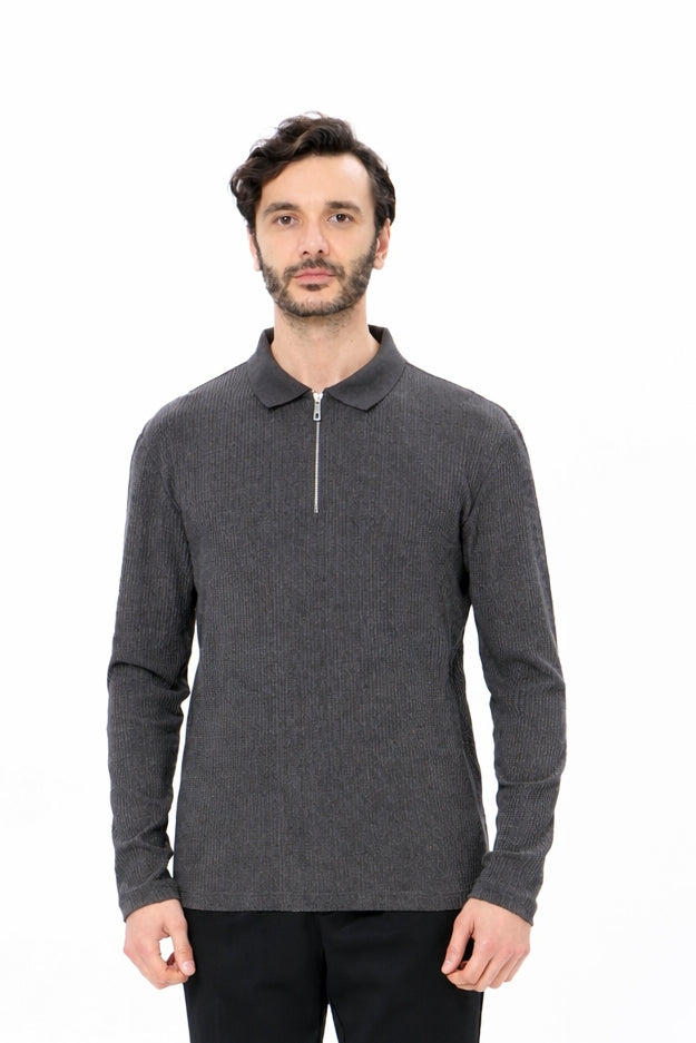 Wholesale,Luchiano Visconti, Luchiano Visconti Charcoal Grey Knit Qtr Zip Polo, Grey, Extra Large-47-TagXL