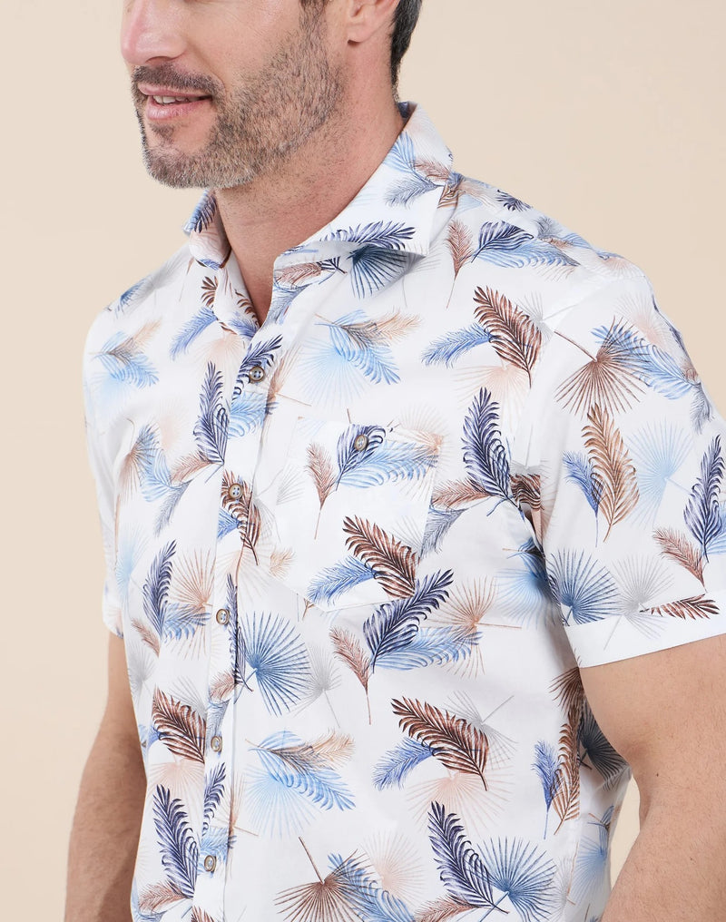 R2 Amsterdam White Feather Print Stretch Short Sleeve Shirt