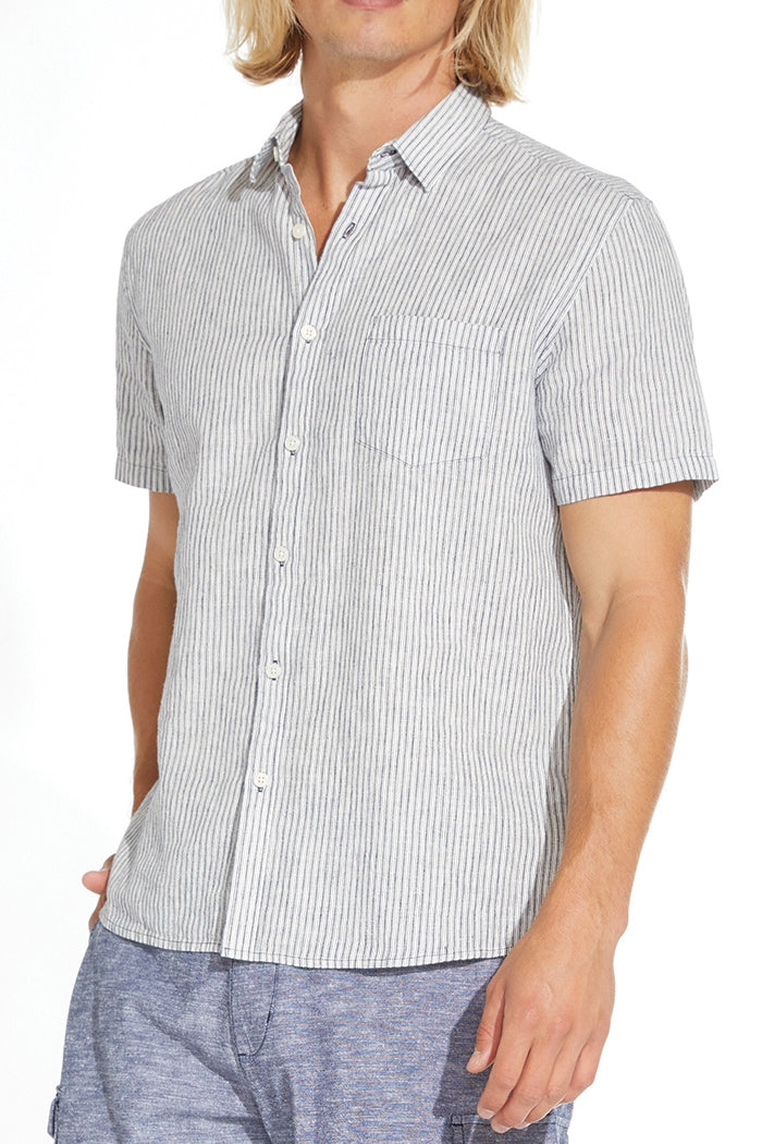 Civil Society White/Navy Yarn Dyed Linen Striped Short Sleeve Shirt