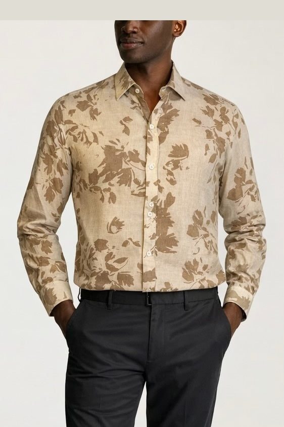 Bobbi + Bricka, Jakamen Tan With Brown Leaf Print Long Sleeve Button Up Shirt, Tan, Extra Extra Large-52-TagXXXLExtra Large-50-TagXXLLarge-47-TagXLLarge-45-TagLMedium-42-TagMSmall-40-TagS