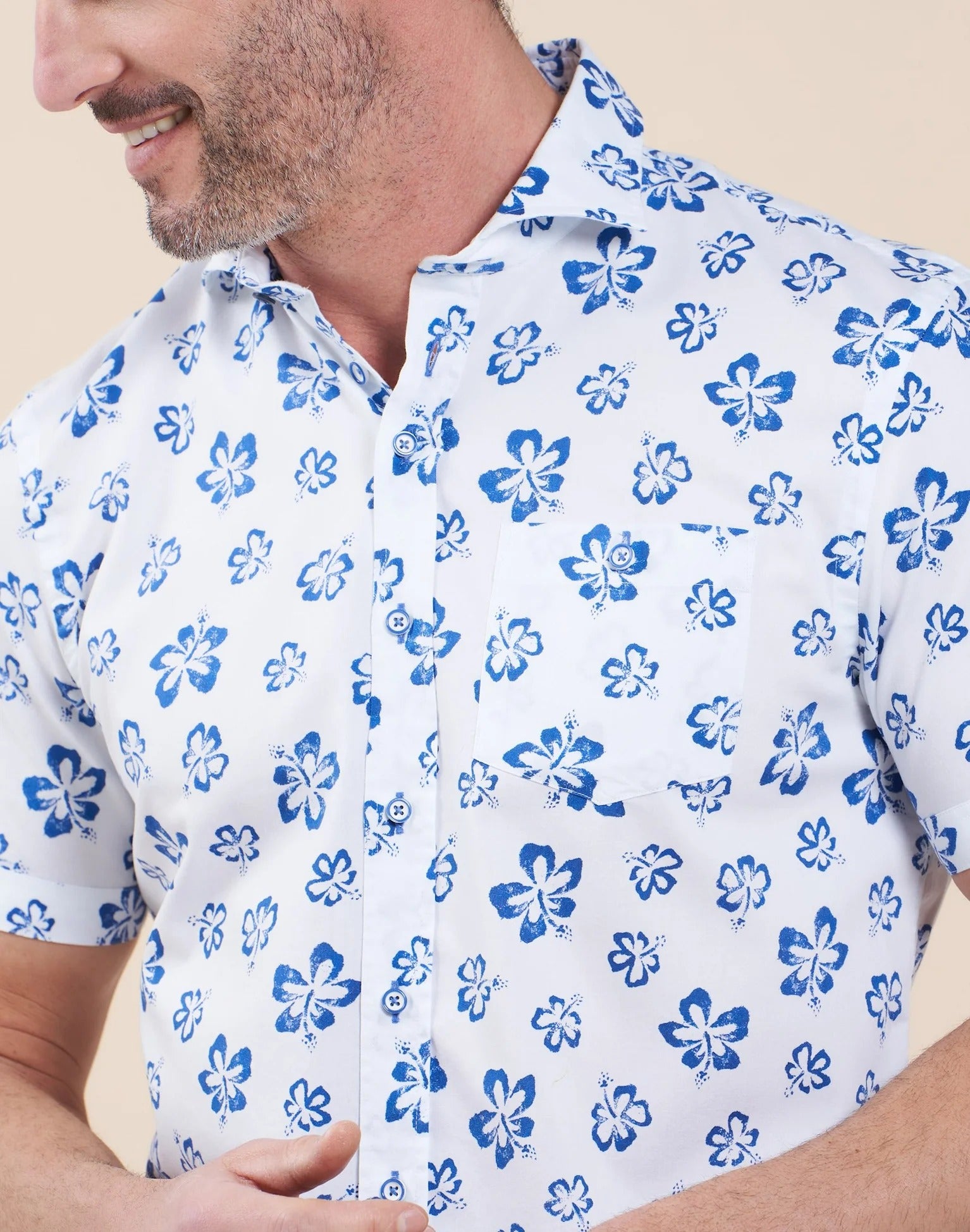 Brand Partner,R2 Amsterdam, R2 Amsterdam White Floral Print Organic Cotton Short Sleeve Shirt, White, Small-40-Tag38
