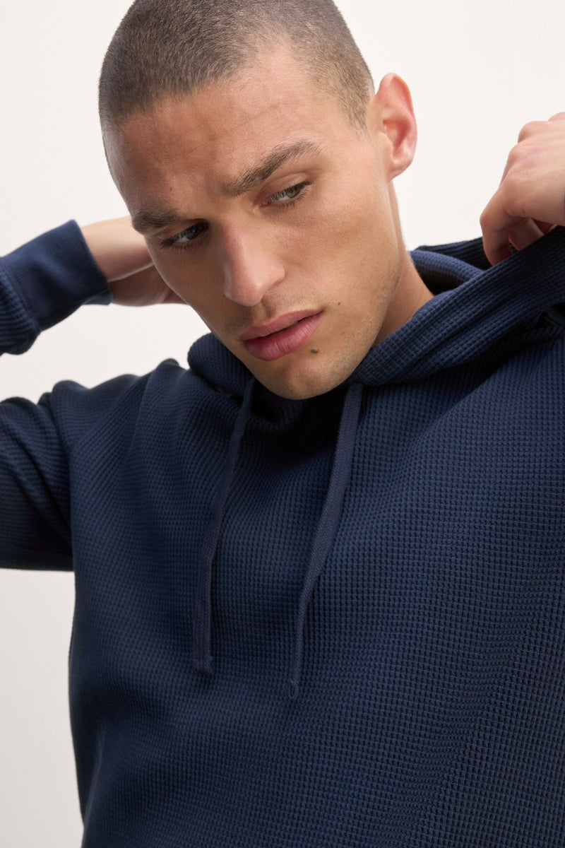 Direct From Brand,Everlane, Everlane Navy Waffle-Knit Hoodie, Blue, Medium-40-TagM