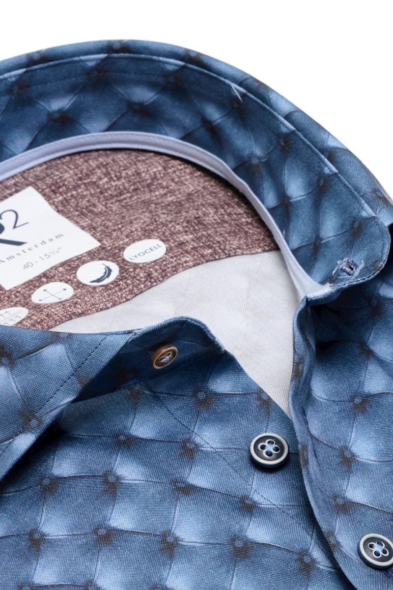 Direct From Brand,R2 Amsterdam, R2 Amsterdam Blue Quilted Diamond Pattern Shirt, Blue, Medium-44-Tag40
