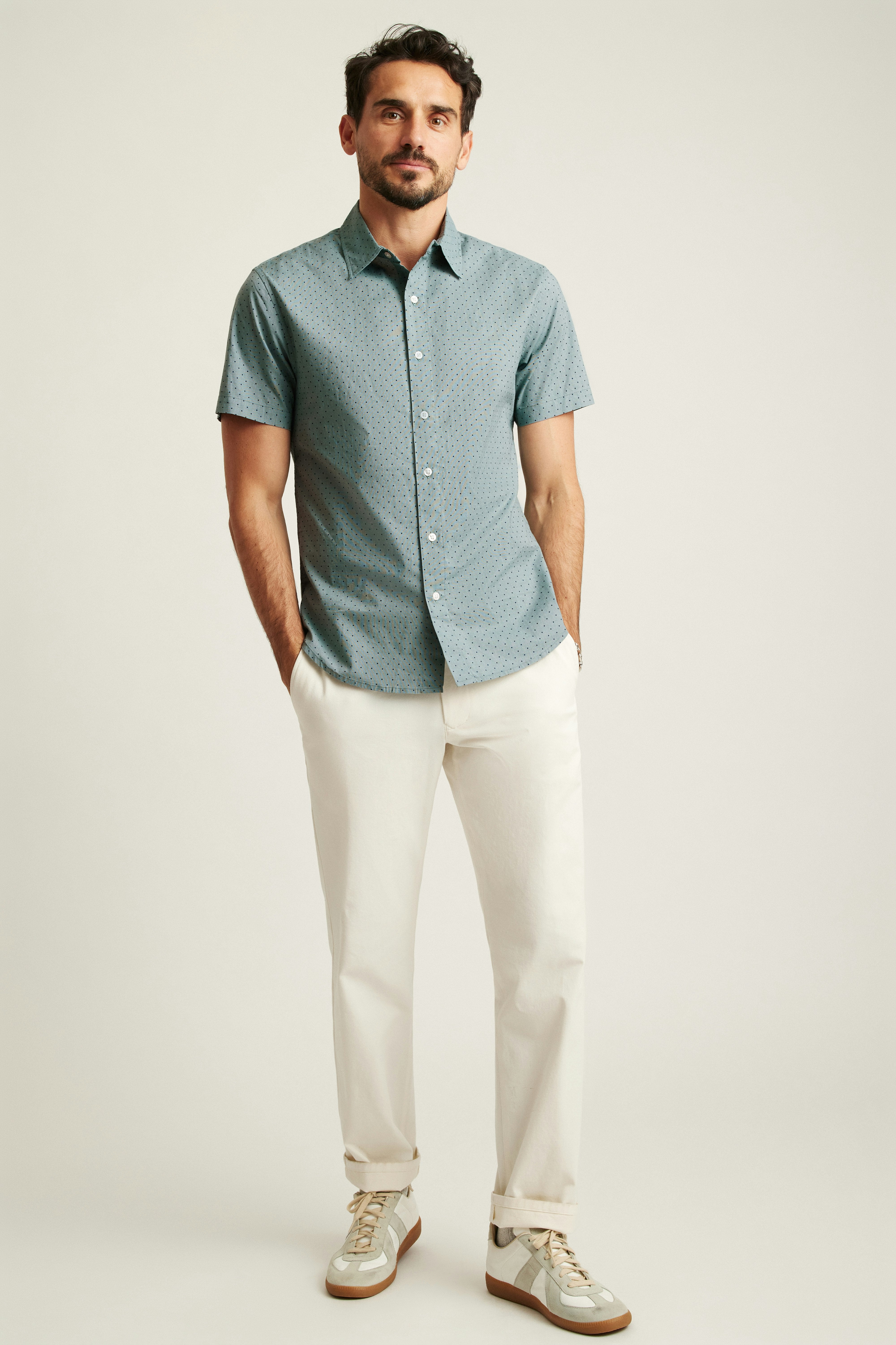 Wholesale,Bonobos, Bonobos Forest Green Polka Dot Print Stretch Riviera Short Sleeve Shirt, Green, Medium-42-TagM