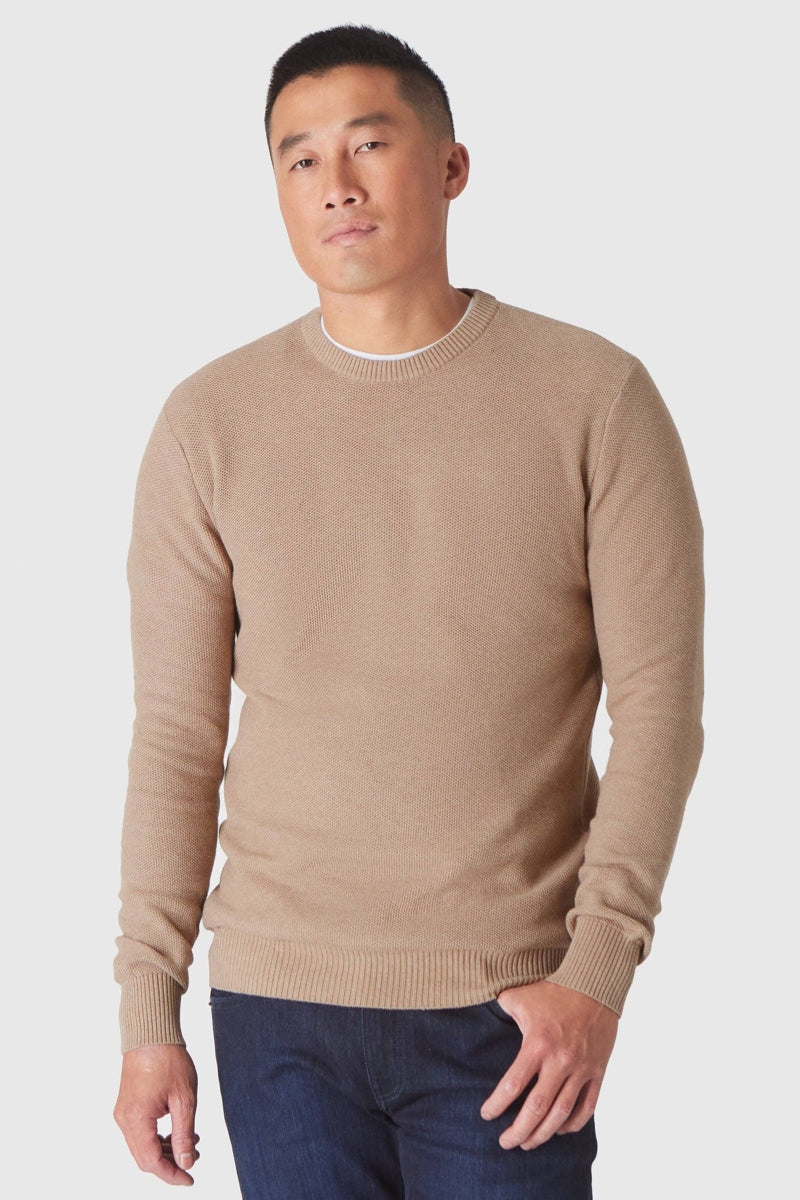 Faire,True Classic, True Classic Heather Camel Pique Crew Neck Sweater, Tan, Medium-38-TagM