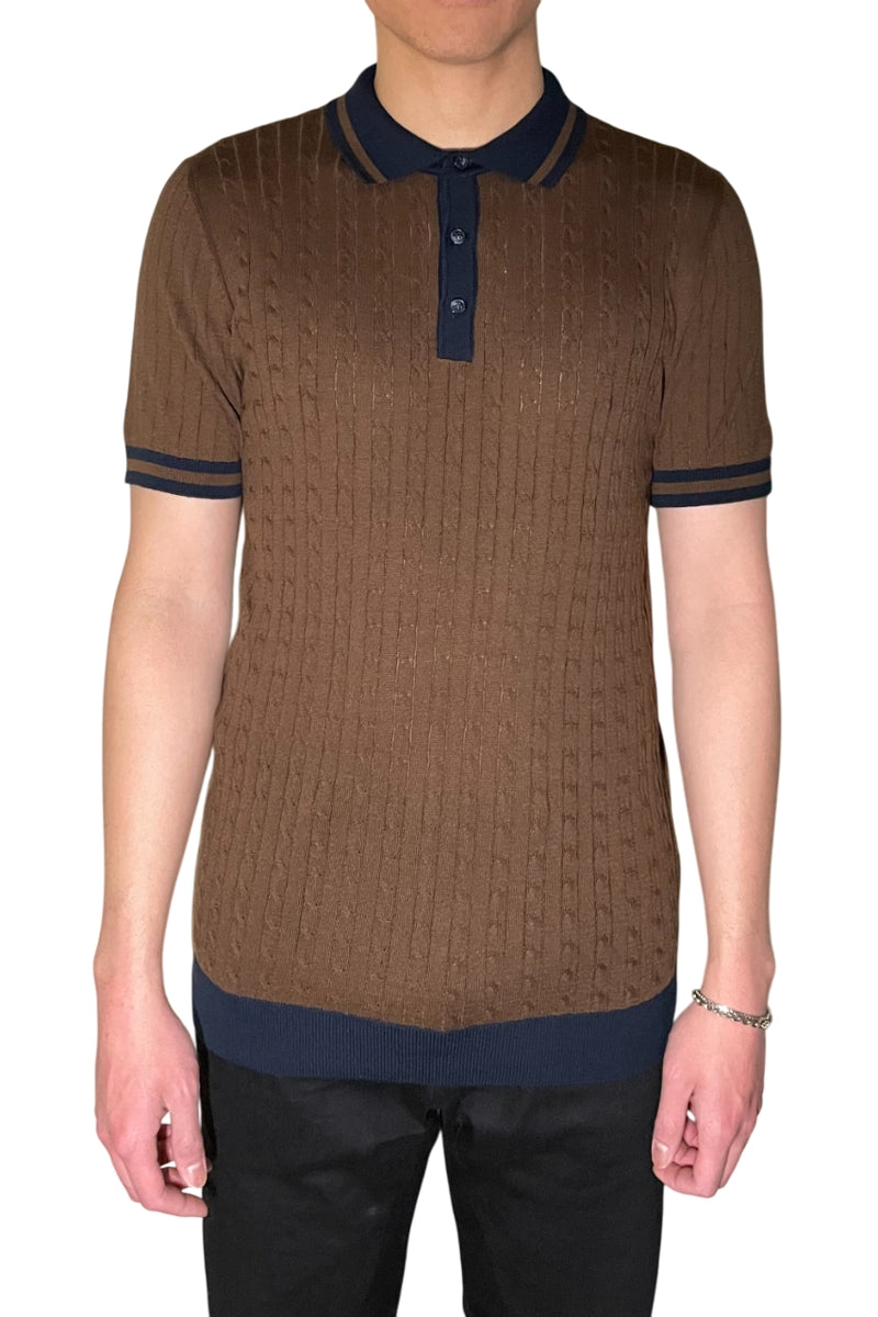 Wholesale,Mizumi, Mizumi Brown with Navy Contrast Cable Knit Polo, Brown, Small-40-TagSMedium-42-TagMLarge-44-TagLExtra Large-46-TagXLExtra Large-47-TagXXL