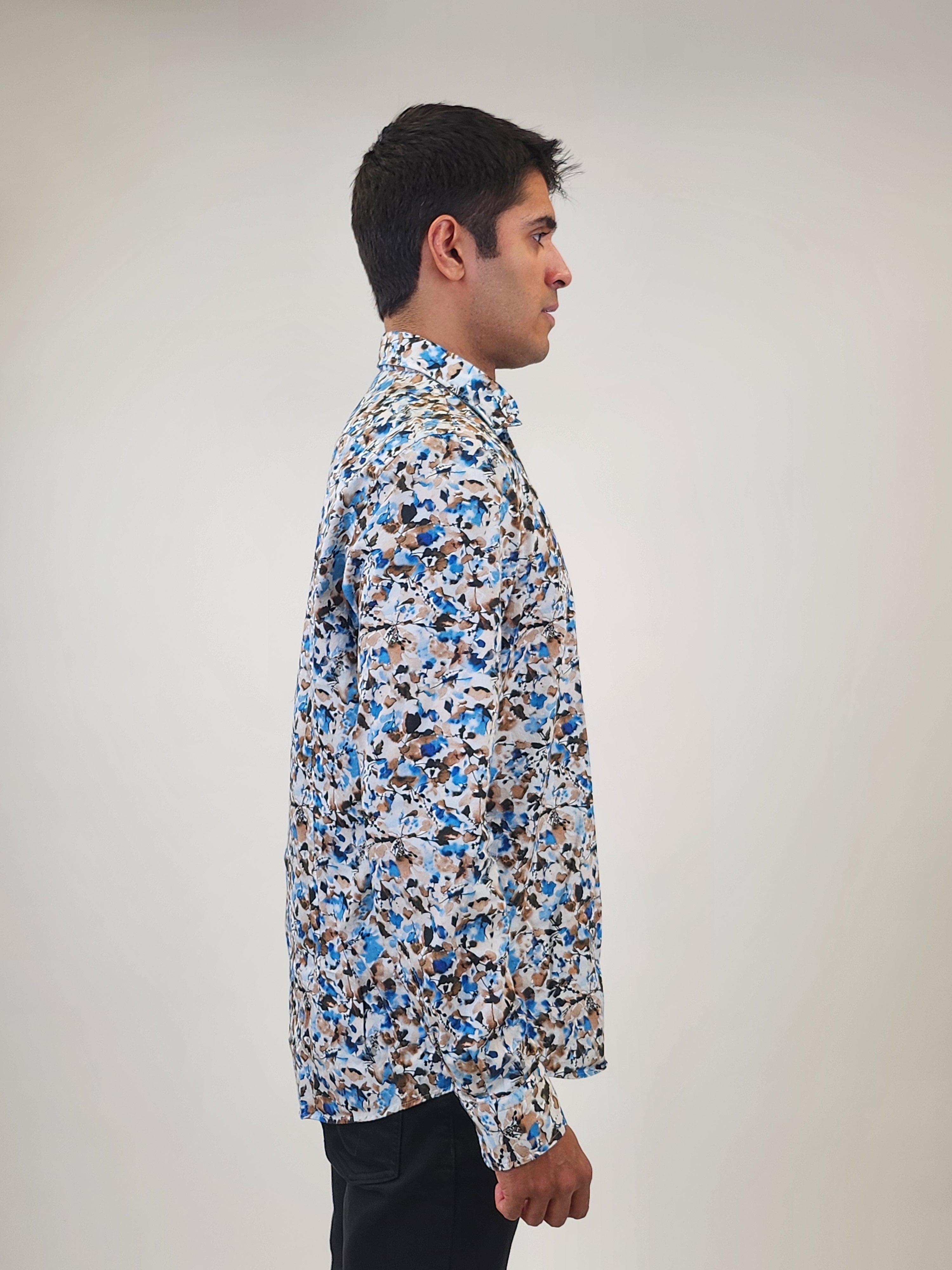 Brand Partner,R2 Amsterdam, R2 Amsterdam Blue Painted Floral Print Cotton Long Sleeve Shirt, Blue, Large-46-Tag42