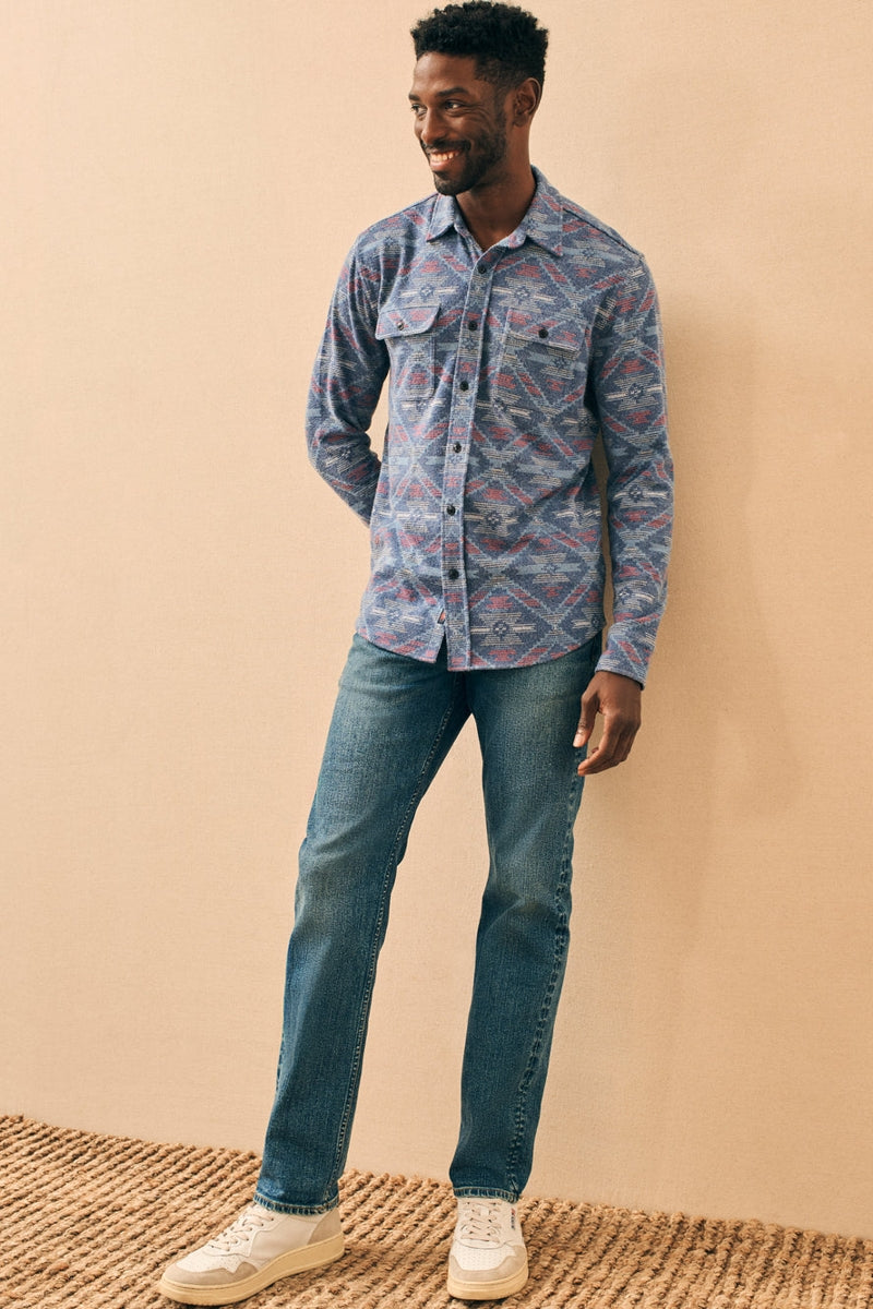 Faherty Blue Tribal Print Four-way Stretch Sweater Shirt