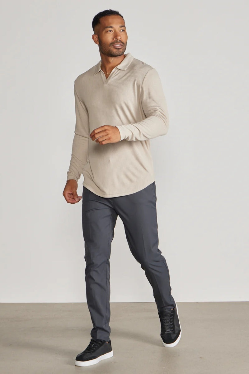 Wholesale,BYLT, BYLT Latte Ribbed Drop-cut Open V Long Sleeve Polo, Tan, Medium-42-TagM