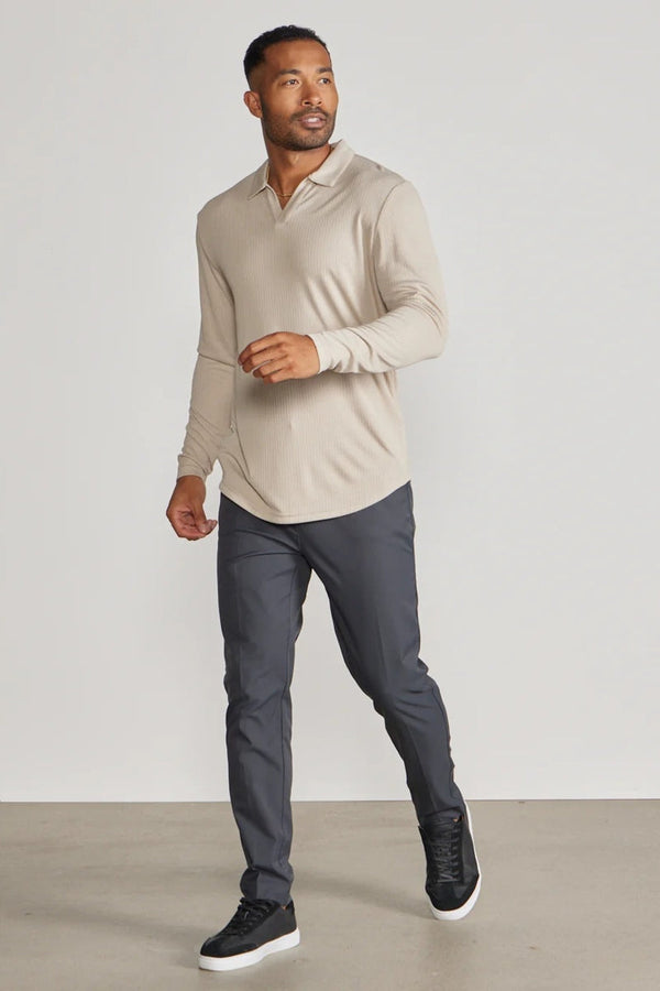 BYLT Latte Ribbed Drop-cut Open V Long Sleeve Polo