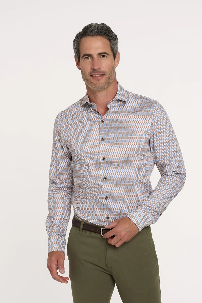 Direct From Brand,R2 Amsterdam, R2 Amsterdam White Multi Suitcase Print Dobby Shirt, White, Large-46-Tag42