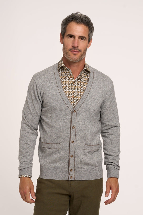 R2 Amsterdam Grey Mercerized Merino Wool V-neck Cardigan