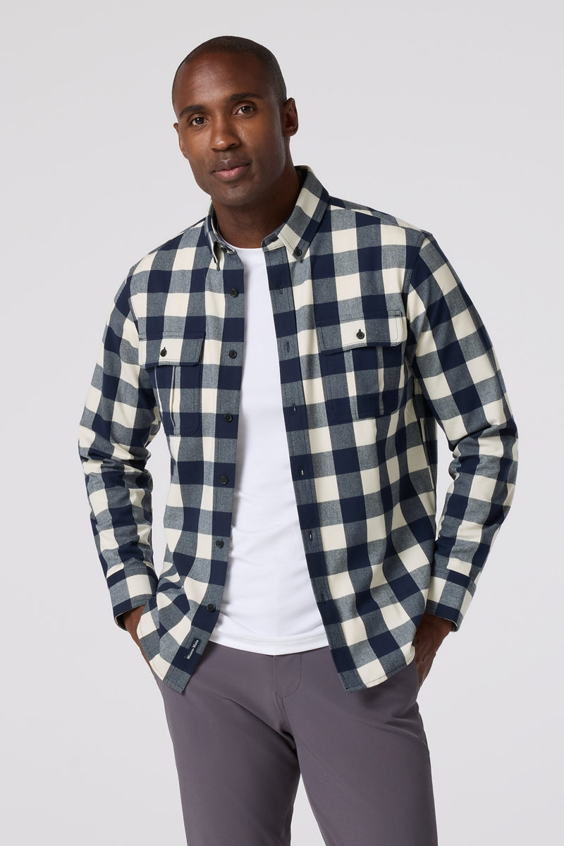 Wholesale,Mizzen + Main, Mizzen + Main Blue/White Buffalo Check Flannel Overshirt, Blue, Small-42-TagSMedium-46-TagM