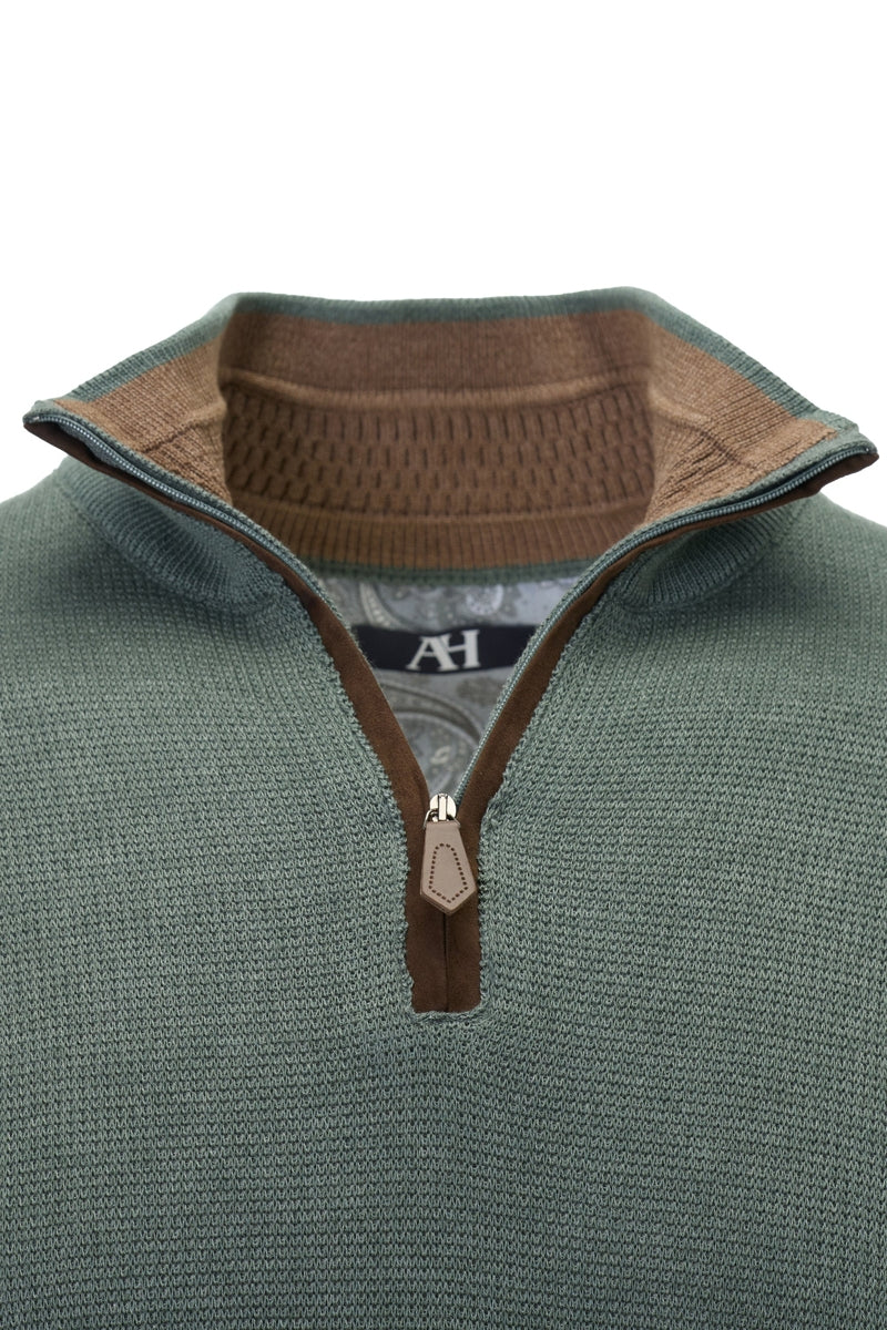 Wholesale,American Heritage, American Heritage Green Trimmed Melange Knit Textured Qtr Zip, Green, Medium-45-TagMLarge-47-TagLExtra Large-49-TagXL