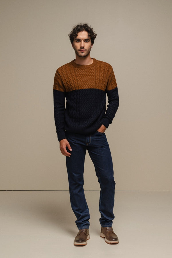 SMF Brown/Navy Colorblock Jacquard Knit Sweater