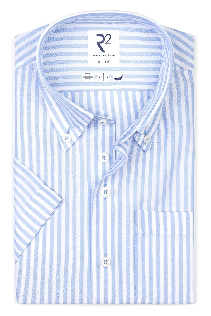Direct From Brand,R2 Amsterdam, R2 Amsterdam Light Blue/White Striped Tencel Blend Shirt, Blue, Large-46-Tag42