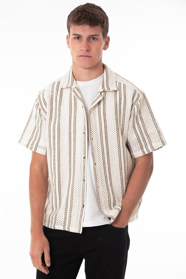 Wholesale,NOLS, NOLS Cream with Brown Stripe Crocheted Shirt, Cream, Large-48-TagL