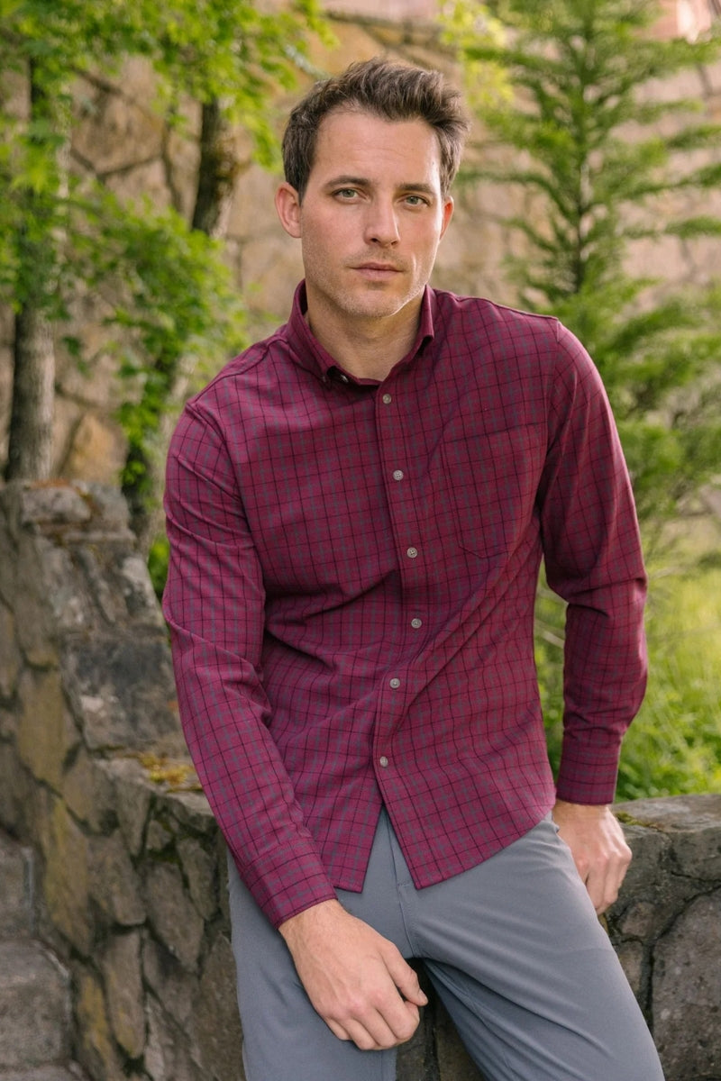 Wholesale,Mizzen + Main, Mizzen + Main Maroon/Grey Plaid Trim Flannel Shirt, Red, Small-42-TagSExtra Extra Large-52-TagXXL