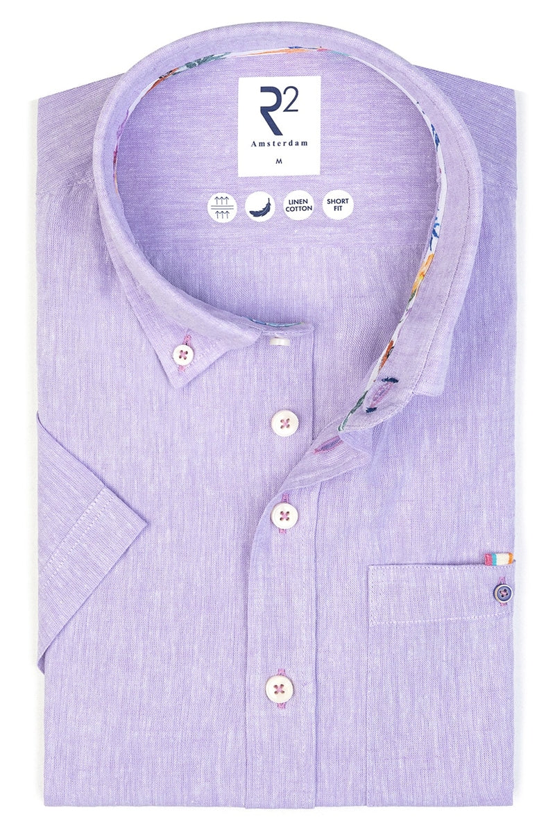 Direct From Brand,R2 Amsterdam, R2 Amsterdam Purple Linen Short Sleeve Blend Shirt, Purple, Extra Extra Large-53-TagXXL