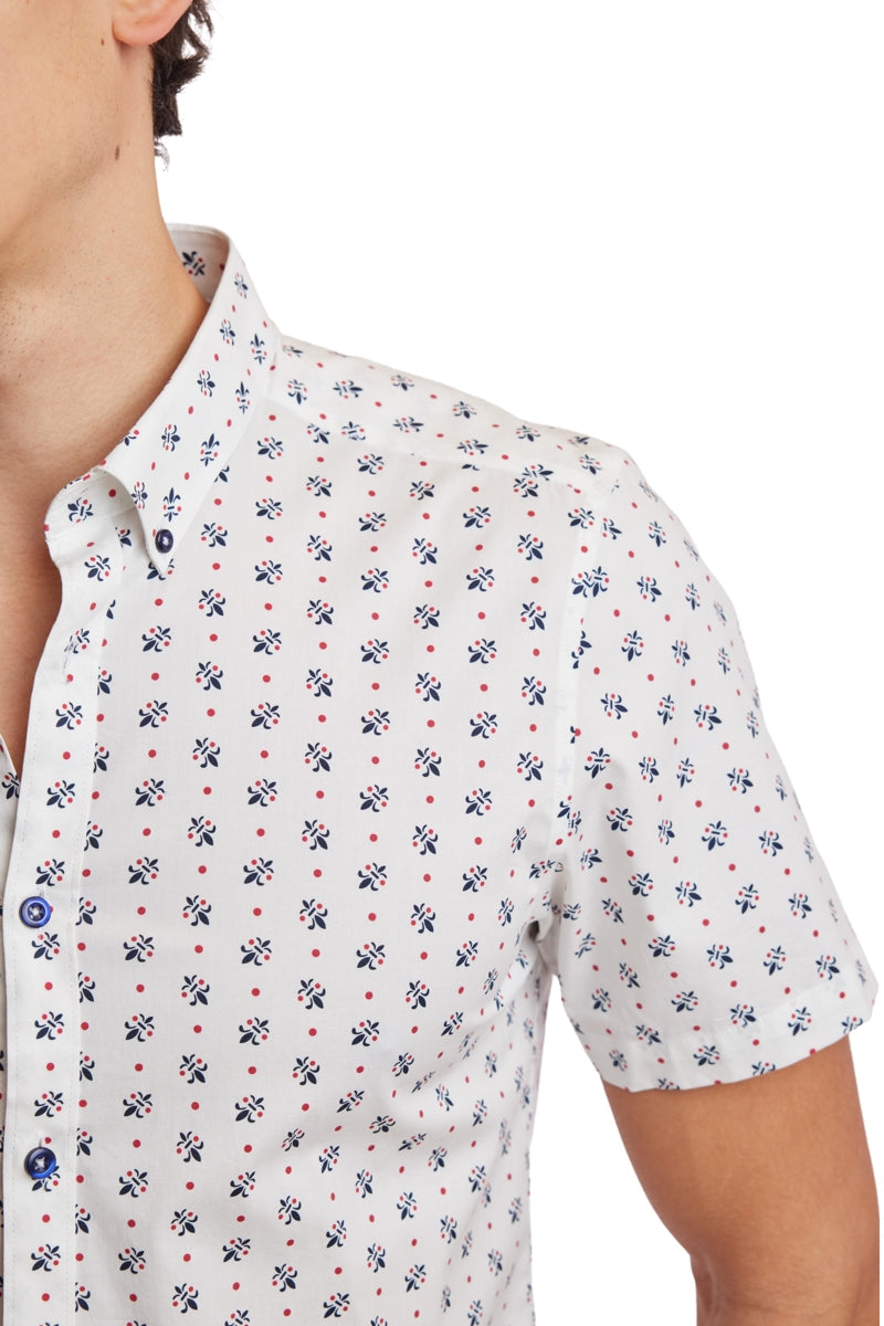 Wholesale,Paisley & Gray, Paisley & Gray White Fleur De Lis Print Short Sleeve Shirt, White, Small-38-TagSSmall-39-TagMSmall-40-TagMMedium-43-TagLExtra Large-49-TagXXLLarge-46-TagXL
