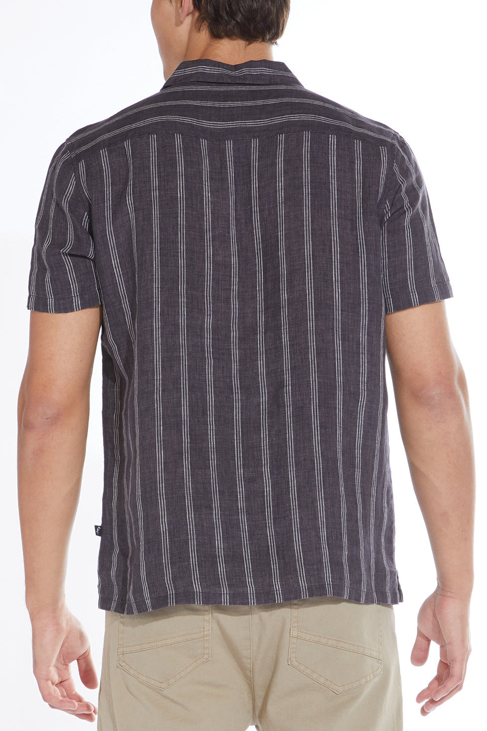 Wholesale,Civil Society, Civil Society Black Striped Cotton/Linen Blend Short Sleeve Resort Shirt, Black, Large-46-TagLExtra Large-48-TagXLSmall-42-TagSMedium-44-TagMExtra Extra Large-52-TagXXL